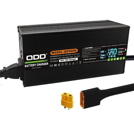 Chargeur de batterie 84 V 10 A, boîtier en aluminium noir, sûr et durable, utilisé pour batterie au lithium 20S 72 V, chargeur intelligent, sortie DC, prise XT60 avec indicateur de charge (1/5)