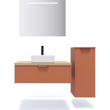 Meuble de salle de bain suspendu vasque à poser 90cm 1 tiroir Terracotta + miroir + colonne ouverture droite - Soho (1/5)
