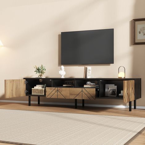 Meuble TV 180 x 40 x 45 cm avec tiroirs et portes, meuble bas moderne en aggloméré, table TV pour salon, charge maximale 75 kg, aspect bois noir (1/5)
