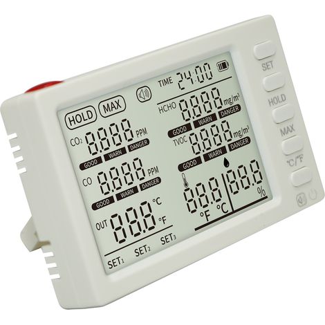 8-in-1-Raumluftqualitätsmonitor, tragbarer CO₂-Detektor, HCHO, TVOC, CO, Temperatur, Luftfeuchtigkeit, externer Temperaturfühler, Datum, Uhrzeit, Tester für Büro, Schule, Auto, von DEBUNS (1/5)