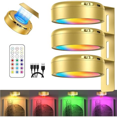 Lot de 3 Eclairage Tableau Sans Fil, Eclairage Tableau LED Sans Fil Rechargeable, Lampes Magnétiques Avec Télécommande, Lampe Tableau 13 Couleurs RGB, pour Galerie Vitrines Armoire (Or) (1/5)
