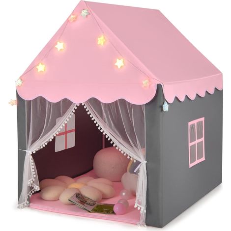 GOPLUS Tente de Jeu pour Enfants Interieur et Exterieur, Tipi de Jardin pour Garcons et Filles avec Tapis Epais, Lumieres d'Etoile Compris, 105 x 120 x 140 CM (Rose(avec lumieres))