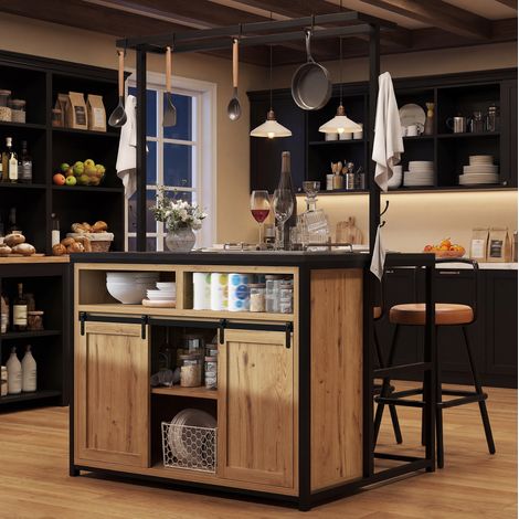 Credenza cucina 107x62x183 cm, spazio multifunzione, con prese e porta USB, MDF e metallo, effetto legno (1/5)