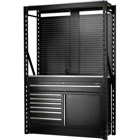 Draper 28075 BUNKER 14 Piece Modular Storage Combo 2 Tier Racking with Stainless Steel Shelving, Pegboards and Floor Cabinet, 1500mm