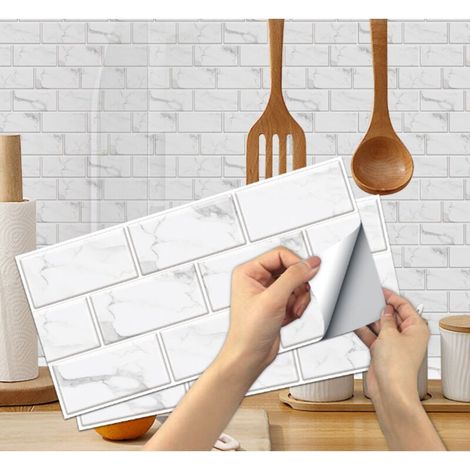 6 pièces Stickers Carrelage Cuisine(Blanc), Autocollant en Tuile Auto-Adhésif Sticker Imperméable en PVC Autocollants de Carreaux Carrelage Adhesif Mural Autocollant pour Salle de Bains et Cuisine (1/4)