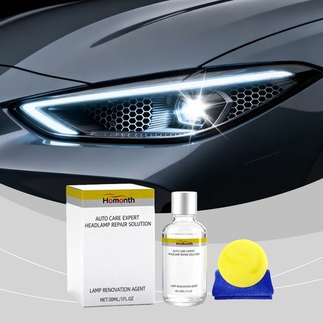 Kit d'entretien pour phares de voiture - Kit de nettoyage, d'entretien, de brillance et de restauration de la transmission lumineuse pour les phares oxydés - Flacon de 30 ml + 1 chiffon + 1 éponge -- (1/5)