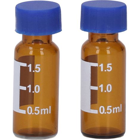 Lot de 100 flacons pour échantillonneur automatique de laboratoire, couleur marron, bouchon à vis, 2 mL, avec zone d'écriture et graduation. (1/5)