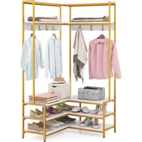 COSTWAY Corner Garment Rack L-shaped Clothes Rack w/ Open Shelves-White (1/5)