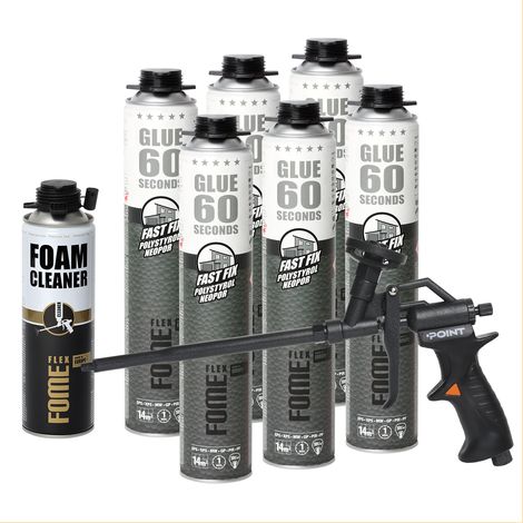 Lot de 6 mousses adhésives polyuréthane FOME FLEX Fast Fix 60 s 850 ml + pistolet POINT BLACK + nettoyant FOME FLEX Foam Cleaner 500 ml (1/5)