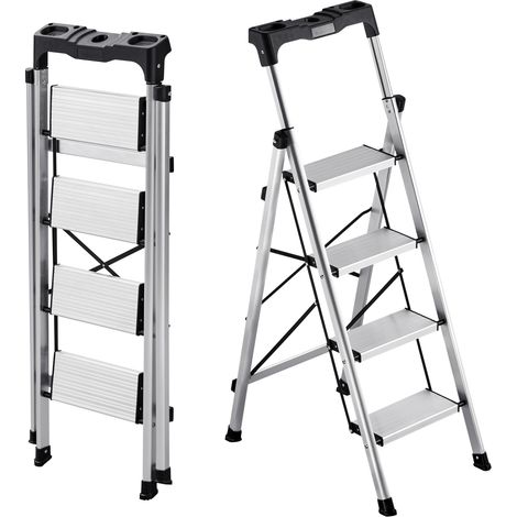 VEVOR Escalera de Aluminio Plegable 4 Peldaños, Escalera de Tijera con Pedal Antideslizante y Empuñadura Cómoda, Capacidad de 150 kg, Taburete Multifuncional para Cocina, Almacen, Hogar, Oficina