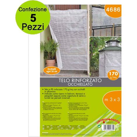 Multipack 5 pezzi telone occhiellato di protezione rinforzato in pe trasparente 170 g/mq 3x3 metri