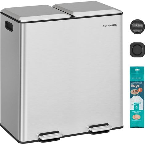 Poubelle de Cuisine Double pour déchets et Recyclage, avec couvercles à Fermeture Douce, seaux intérieurs Amovibles, pédales, en Acier Inoxydable, argenté métallisé LTB743E01 (1/5)