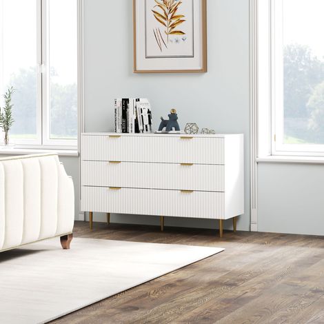 Cómoda de 6 cajones, mueble de almacenamiento moderno para dormitorio con tiradores y patas doradas, 120 x 40 x 76,5 cm, blanca. (1/5)