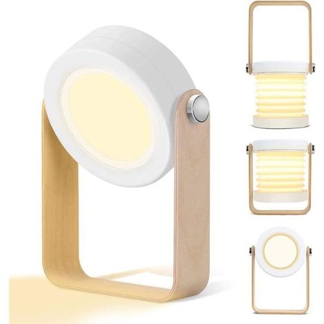 Lampe de table LED - Rechargeable par USB - Lampe de bureau, veilleuse - 15 W - Tactile - 360 ° - Pliante, portable - Poignée en bois - Pour camping (1/4)
