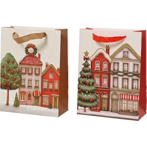 Decoris Sacchetto Regalo Natale Glitter House 42x16x48 cm Rosso Bianco