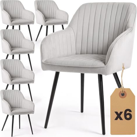 Lot de 6 Chaises en velours à surpiqûres FLORENCE Gris pieds noirs (1/5)