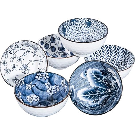 Lot de bols à goûter en céramique de style japonais, 283,5 g, salade, soupe, bol à riz de 11 cm, bleu et blanc (11,4 cm) (1/5)