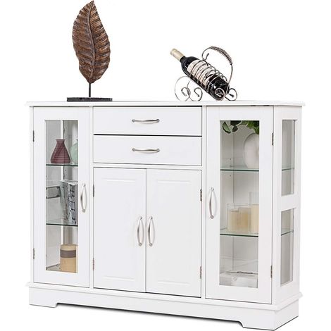 Goplus – Buffet de cuisine 107x30x82cm – Meuble de rangement avec 2 tiroirs et 3 compartiments – Verre trempé – Design moderne blanc (1/5)
