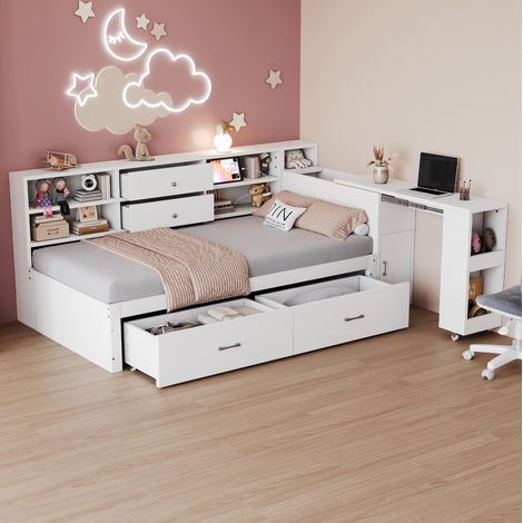 Lit multifonction 90 x 200 cm avec rangements, bureau coulissant, prises USB, blanc HAVRYA (1/5)