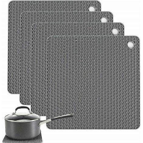 Siliconen onderzetters, 4 stuks, antislip en hittebestendig (250°C), multifunctionele lepelsteunen, keukenonderzetters, tafelmatjes voor keuken en eetkamer, grijs (1/5)