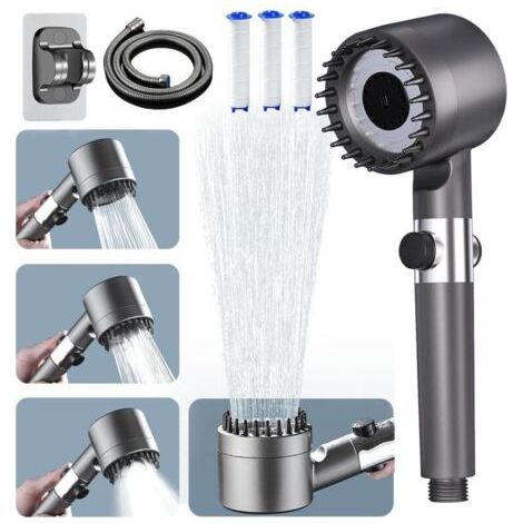 Pommeau de Duche Haute Pression, Pommeau de Duche Economie Deau avec Tuyau Douche 1.5M et Support de Douche, Salle de Bain Réglable à 3 Modes (1/4)
