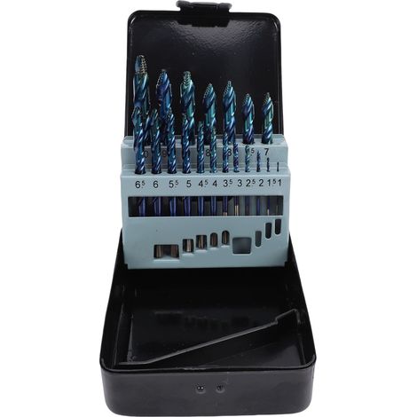 [JAMAIS UTILISÉ]Coffret de 19 forets en cobalt HSS à revêtement bleu et à pointe étagée, avec boîte de rangement pour métal, bois et plastique. (1/5)