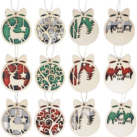 12 decorazioni natalizie per la casa, ornamenti natalizi in legno, decorazioni per l'albero di Natale fatte in casa, decorazioni da appendere ed etichette per la casa. (1/5)