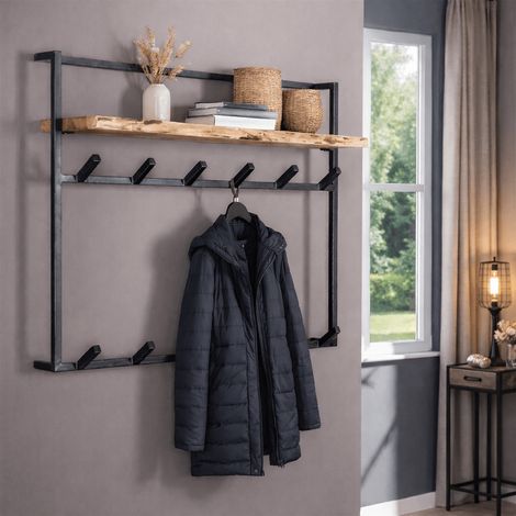 Industrielle Garderobe aus Metall mit Akazienholz, 12 Haken, 100