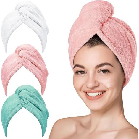 Lot de 3 Serviette Microfibre Cheveux, Serviette Microfibre avec Bouton, Super Absorbant Séchage Rapide, Soin des Cheveux, pour Femmes & Enfants Longs, Courts, Bouclés (Rose, Violet, Gris) (1/5)