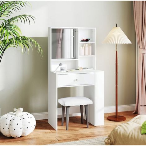 Coiffeuse avec miroir 70x40x137 cm en panneaux de bois blanc, avec rangement pour chambre FloraGrace (1/5)