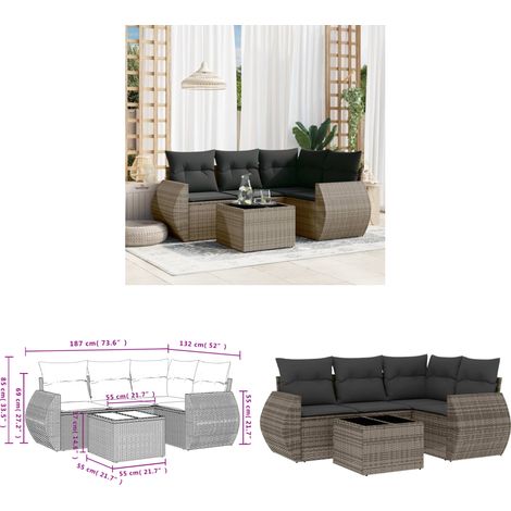 Salon de jardin 5 pcs avec coussins gris résine tressée - Ensemble Salon De Jardin - Mobilier De Jardin - Salon D'extérieur - Résine Tressée - Rotin Synthétique - Home & Living (1/3)