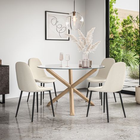 Malvern Round Dining Table And Chairs -  Clear Glass Table Top w Solid Oak Legs + Maya Boucle Dining Chair Set Of 4 (Ivory White) (1/5)