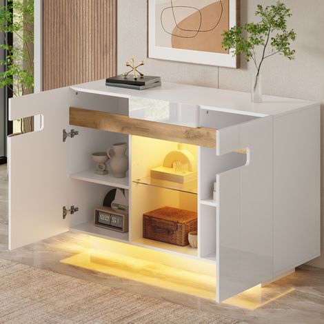 Aparador LED 120x40x80 cm, 4 compartimentos, vidrio, blanco y madera HAVRYA (1/5)