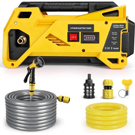 Pompe à eau sans fil pour 20V (sans batterie) 80W, pompe auto-amorçante, portable, tuyau 10m sortie, 3m entrée, pistolet, affichage, pour irrigation (1/5)