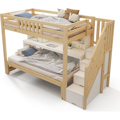 Lit enfant superposé 90x200 et 90x190, mezzanine bois avec lit tiroir sur roues, EN747-1:2024, blanc chêne, matelas non inclus, gain de place (1/5)