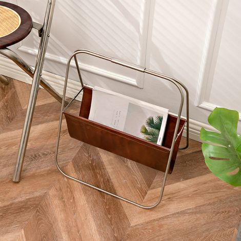 Porte-revues en acier inoxydable et cuir, stable et robuste, élégant, sur pied. Porte-livres et journaux