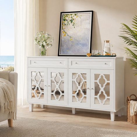 MEUBLIV Buffet 140x40x83 cm blanc – 4 portes miroir, 2 tiroirs (1/5)