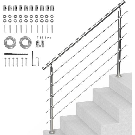 VEVOR Corrimano per Gradini Esterni, Kit Corrimano per Scale 5 Traverse 150 cm Lunghezza, Ringhiere Transizione Acciaio Inox Kit Installazione, Corrimano Scale Doppia Colonna per Veranda e Terrazza