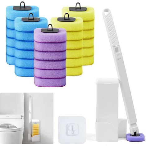 Toilet Brush with 30 Cleaning Refills (12 Yellow, 12 Blue, 12 Purple) Hanging Toilet Brush Replacement Heads for Toilet Rod Long Handle Toilet Brush (1/5)
