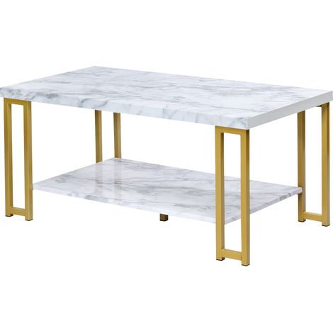 Mesa de centro de dos niveles 100 x 49,5 x 45 cm almacenaje versátil diseño moderno MDF recubierto de PVC blanco 200019296