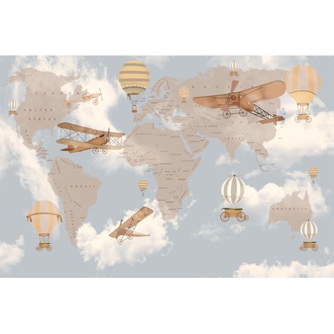 Fotomural infantil con mapa del mundo, globos y aviones DWK296 300x200 (1/5)
