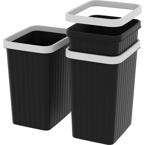 8.2L3 Corbeille à Papiers, Poubelle en Plastique, Petites Poubelles pour Chambre, Corbeille à Ordures Carrée avec Couvercle à Bord et Rayures Solides, Empilable, Givré, Noir, 8.2L(3 pièces) (1/5)