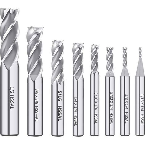 1/8" 3/16" 1/4" 5/16" 3/8" 1/2" acier rapide HSS 4 cannelures fraise à bout droit 5/32" 1/16" lot de 8 (1/5)