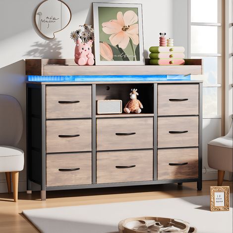 Sideboard mit LED und USB, Schubladenschrank mit 8 Schubladens und offenem Fach, Moderner Aufbewahrungsschrank mit Tischplatte, für Wohnzimmer und Küche, Vintage-Braun (1/5)