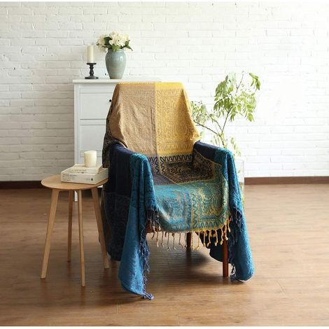 Chenille Retro Tribal Pattern Jacquard Art Tassel Throw Blanket Casual Sofa Cotton Throw Blanket for Bed Sofa Soft Chair (X-Blue 221.0 x 251.5 cm) (1/5)