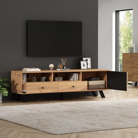 Mobile TV - TV da 60 pollici, mobile basso con 1 anta e 2 cassetti, mobile per soggiorno/camera da letto, 150x38x44 cm, naturale (1/5)