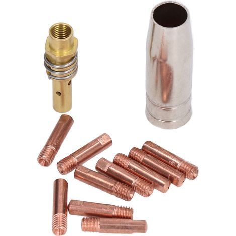 Set de 12 pcs (10 embouts de contact + 1 tuyère à gaz de protection + 1 tige de connexion) pour torche à souder MIG MAG 0.8x25mm M6 en cuivre et laiton, modèle 15AK-12PCS, kit de rechange (1/3)