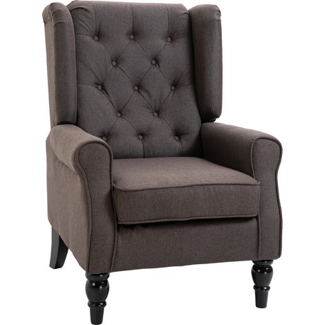 Sessel Ohrensessel mit Armlehnen, Loungesessel mit Kissen, Tufting, hoher Rückenlehne Armlehnensessel mit Holzbeine, Relaxsessel für Wohnzimmer, Schlafzimmer, Braun