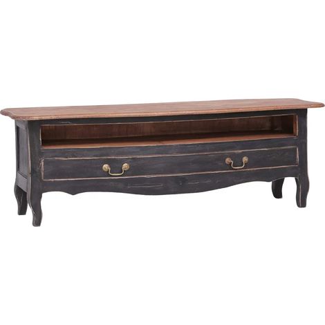 Meuble TV rustique vintage avec tiroir et compartiment ouvert 120 x 30 x 40 cm en bois d'acajou noir (1/5)