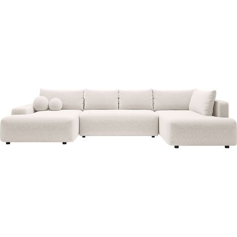Grand canapé d'angle gauche panoramique convertible en tissu chiné crème DAVISO (1/4)